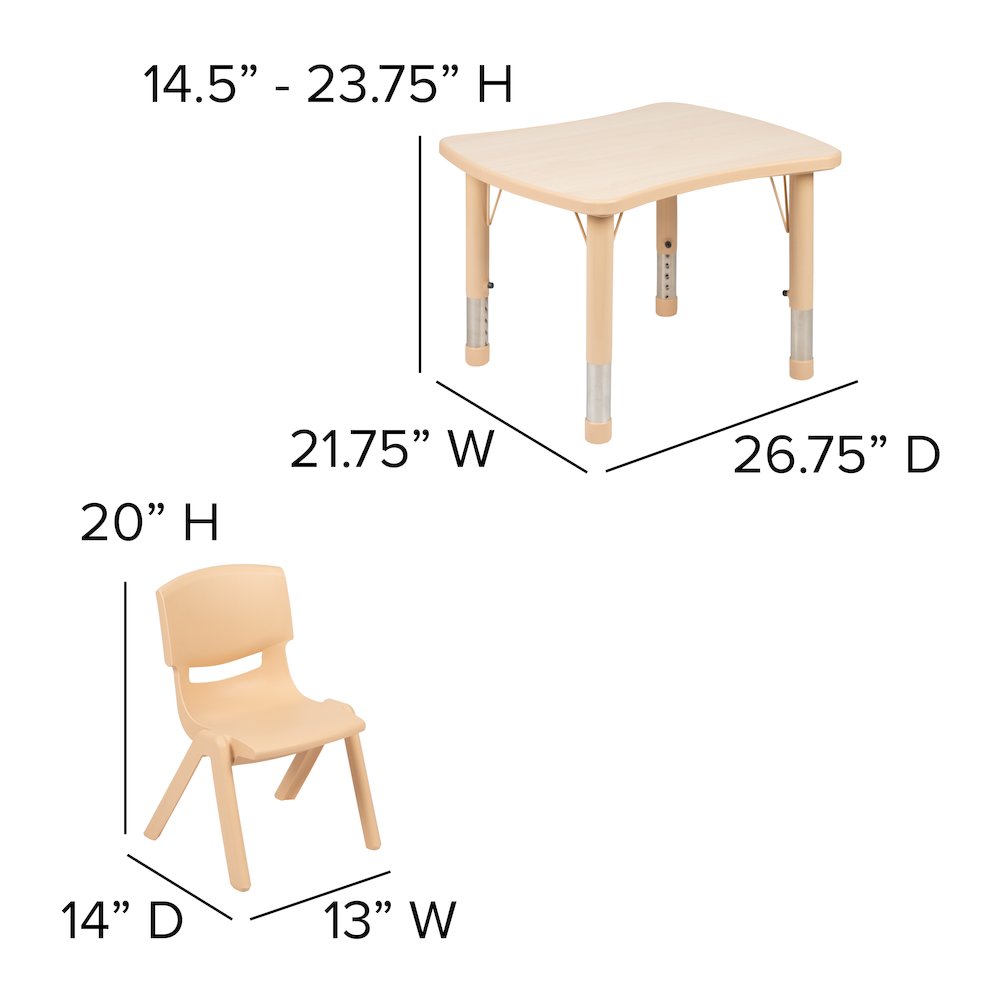 21.875"W x 26.625"L Rectangular Natural Plastic Height Adjustable Activity Table Set with 4 Chairs. Picture 2