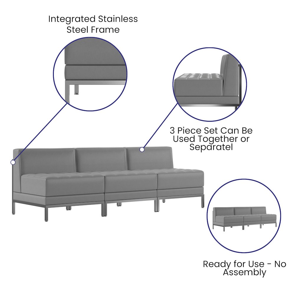 Imagination 3 Piece Gray LeatherSoft Waiting Room Lounge Set - Reception Bench. Picture 4