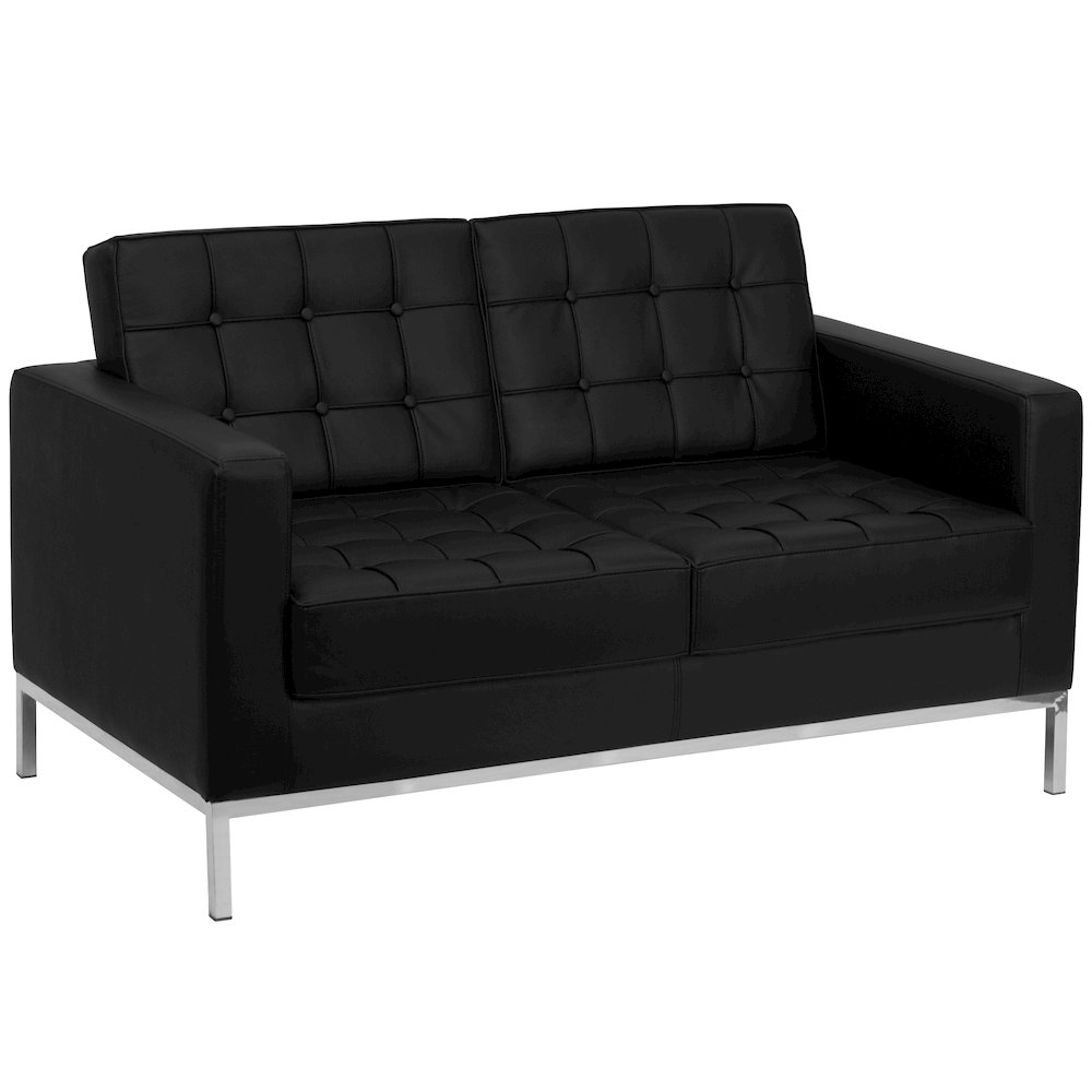 Contemporary Button Tufted Black LeatherSoft Loveseat with Integrated Stainless Steel Frame. Picture 1
