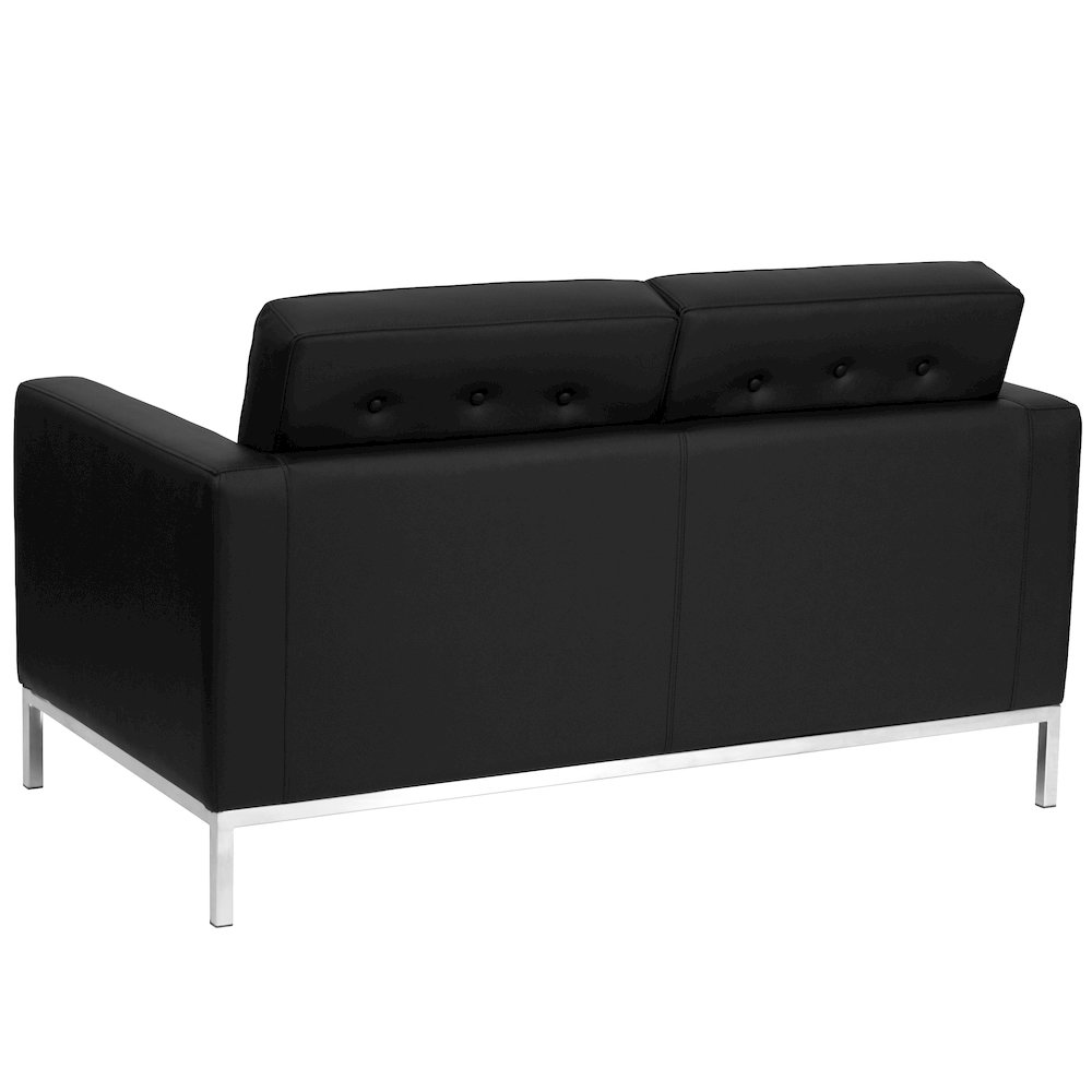 Contemporary Button Tufted Black LeatherSoft Loveseat with Integrated Stainless Steel Frame. Picture 2