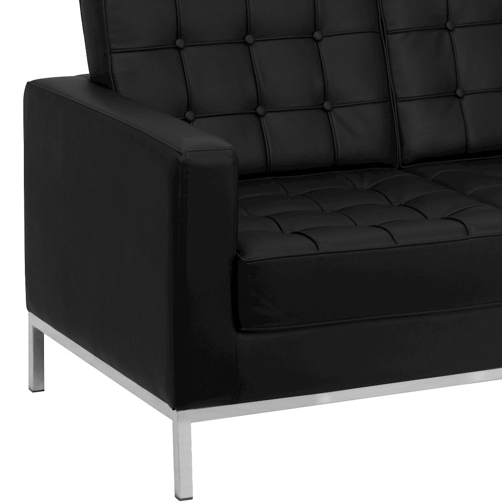Contemporary Button Tufted Black LeatherSoft Loveseat with Integrated Stainless Steel Frame. Picture 3