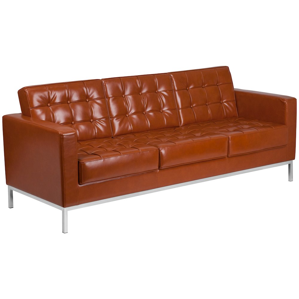 Contemporary Button Tufted Cognac LeatherSoft Sofa with Integrated Stainless Steel Frame. Picture 1