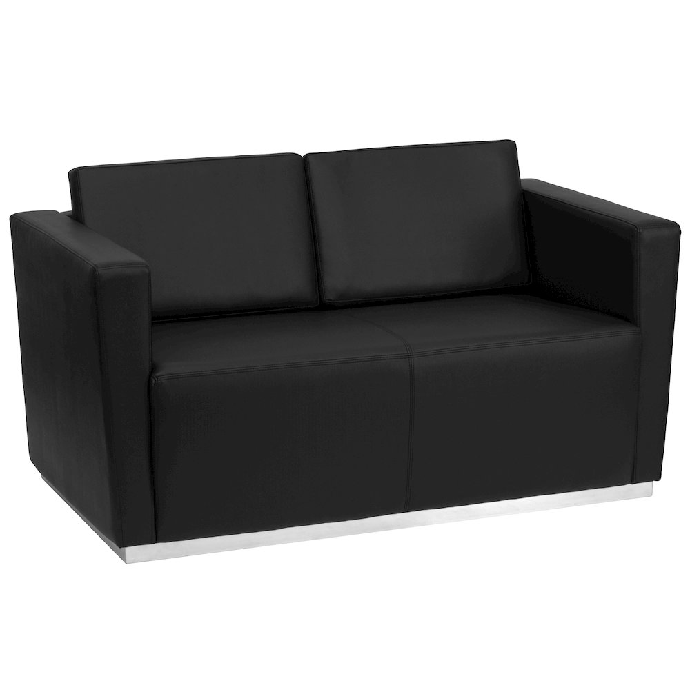 Contemporary Black LeatherSoft Loveseat with Stainless Steel Recessed Base. Picture 1