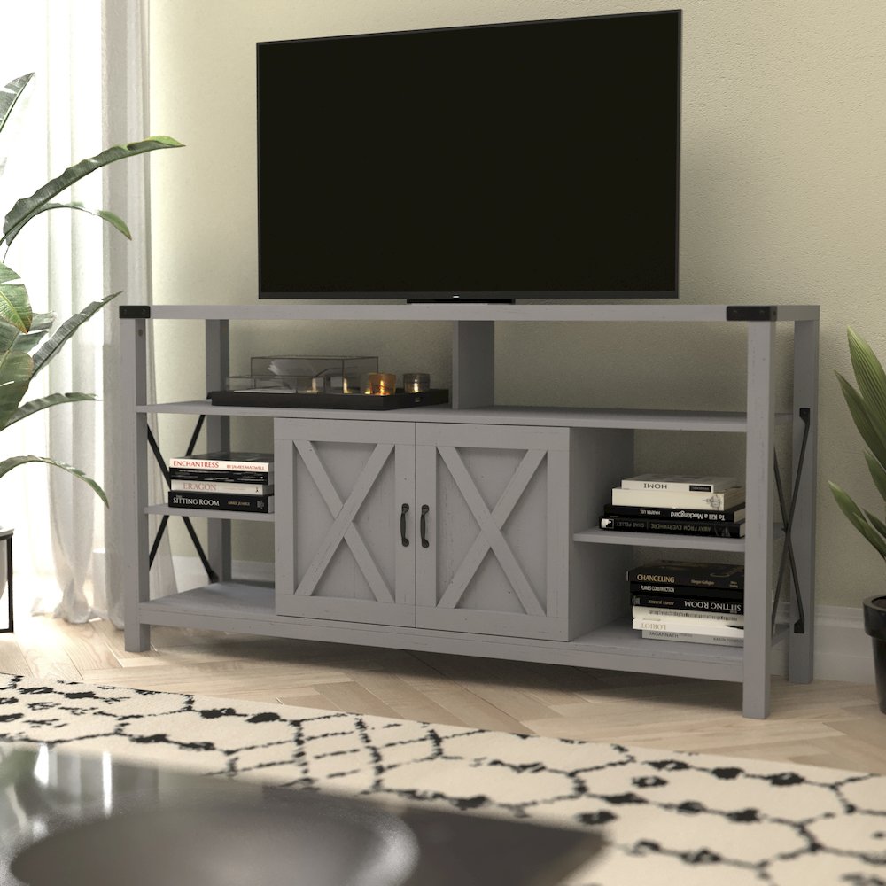 60" Farmhouse Tall TV Console Cabinet for TV's up to 60", Coastal Gray. Picture 2