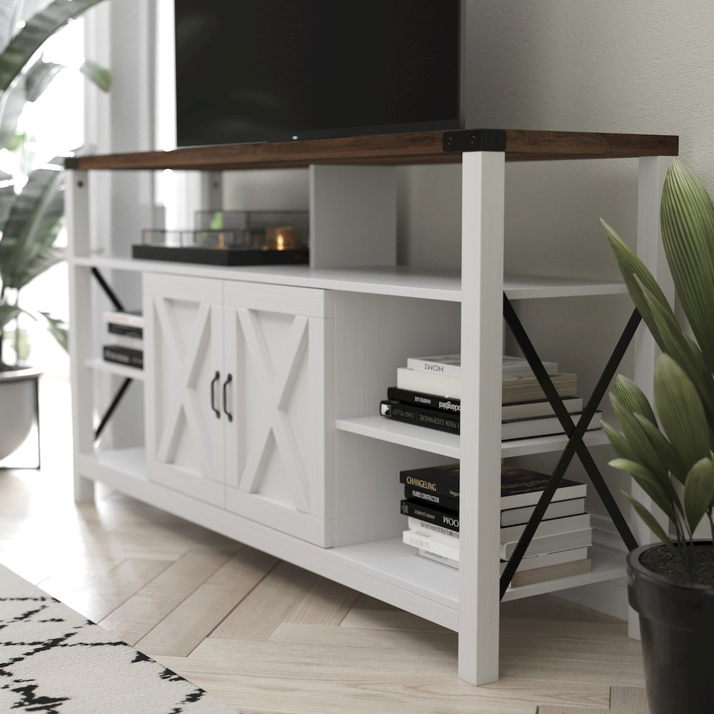 60" Farmhouse Tall TV Stand for TV's up to 60", White/Oak. Picture 6