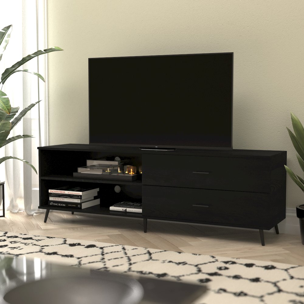 65" TV Stand for up to 60" TV's with Shelf and Storage Drawers, Black. Picture 2