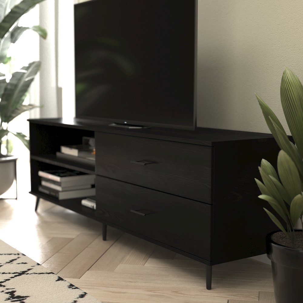 65" TV Stand for up to 60" TV's with Shelf and Storage Drawers, Black. Picture 6