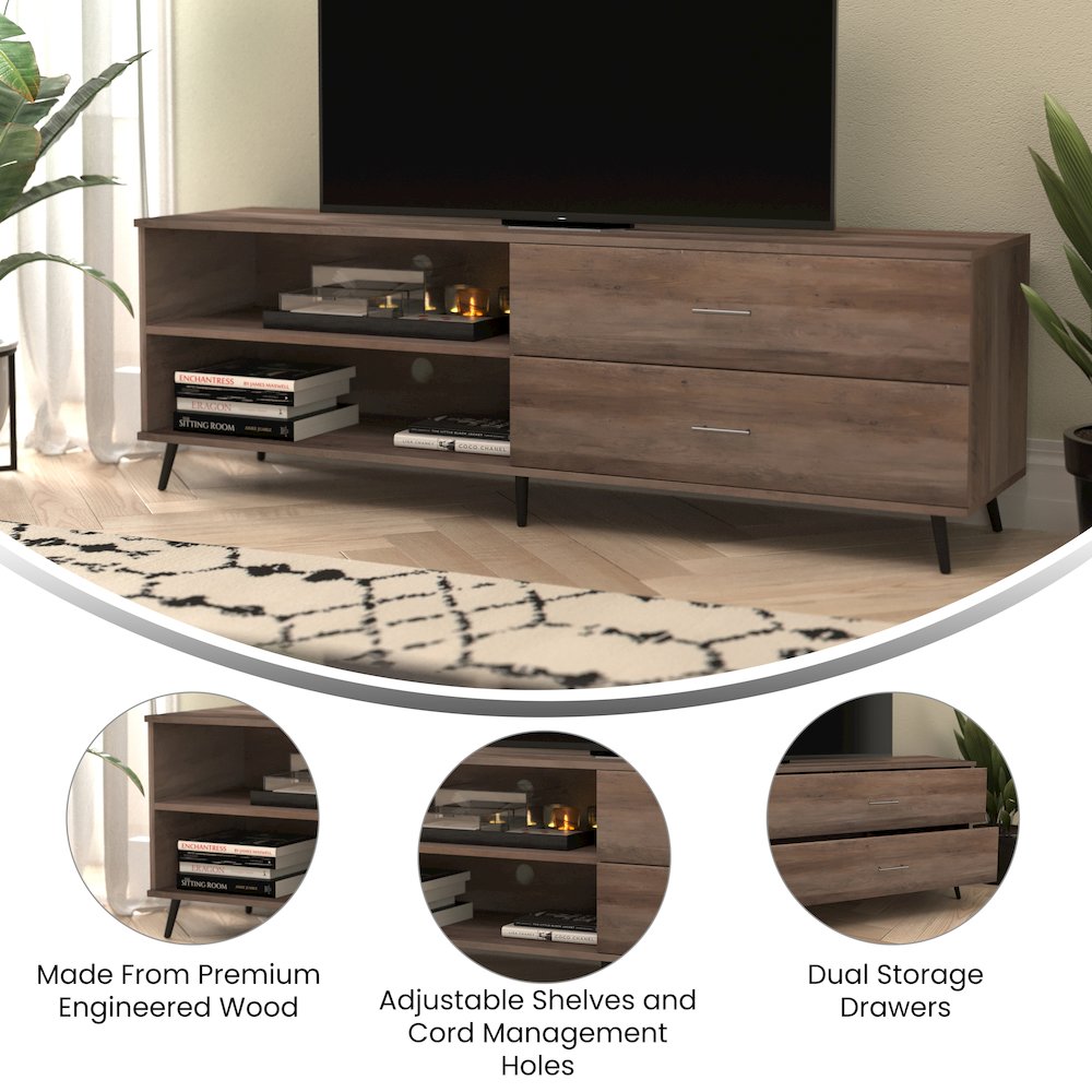65" TV Stand for up to 60" TV's with Shelf and Storage Drawers, Walnut. Picture 4