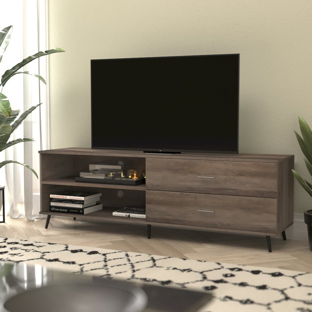 65" TV Stand for up to 60" TV's with Shelf and Storage Drawers, Walnut. Picture 2