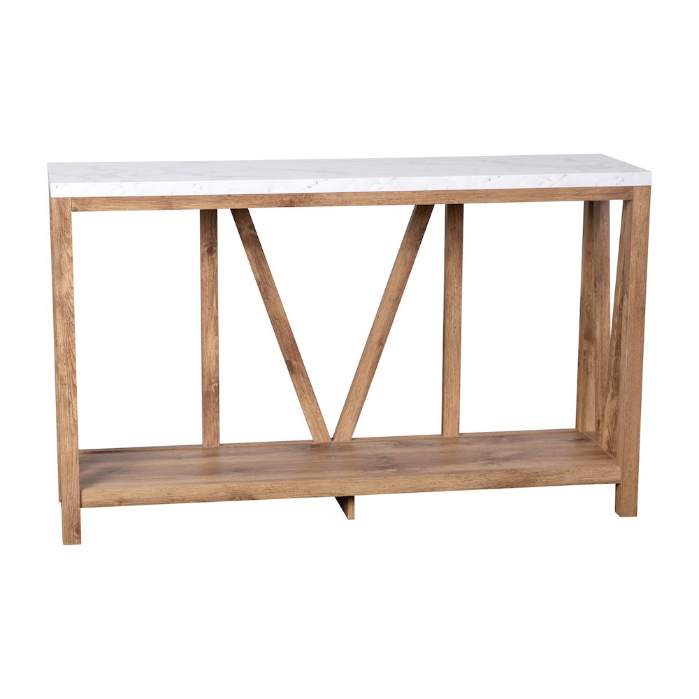 Farmhouse 2-Tier Console Table - Warm Oak Finish Engineered Wood Frame. Picture 1