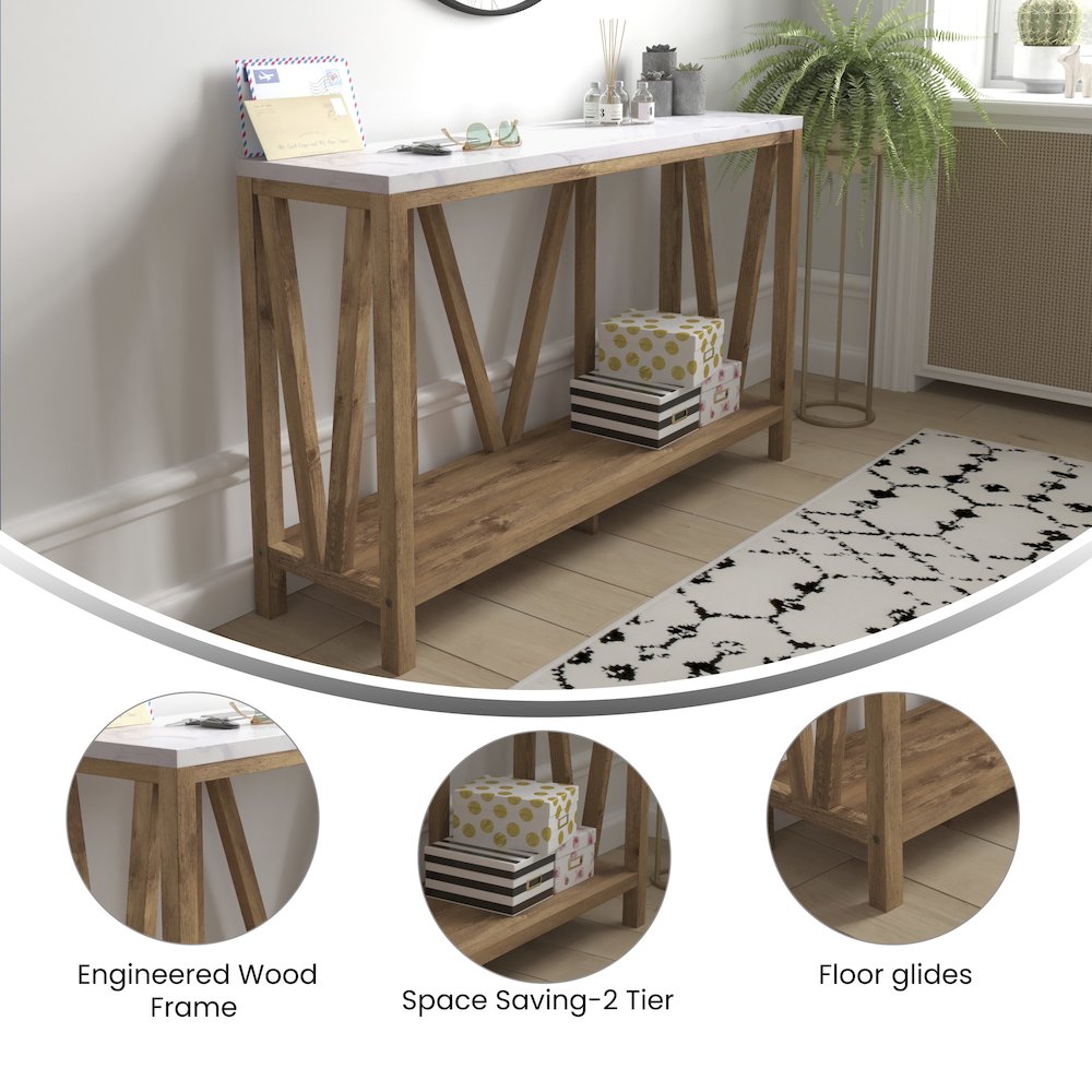 Farmhouse 2-Tier Console Table - Warm Oak Finish Engineered Wood Frame. Picture 4