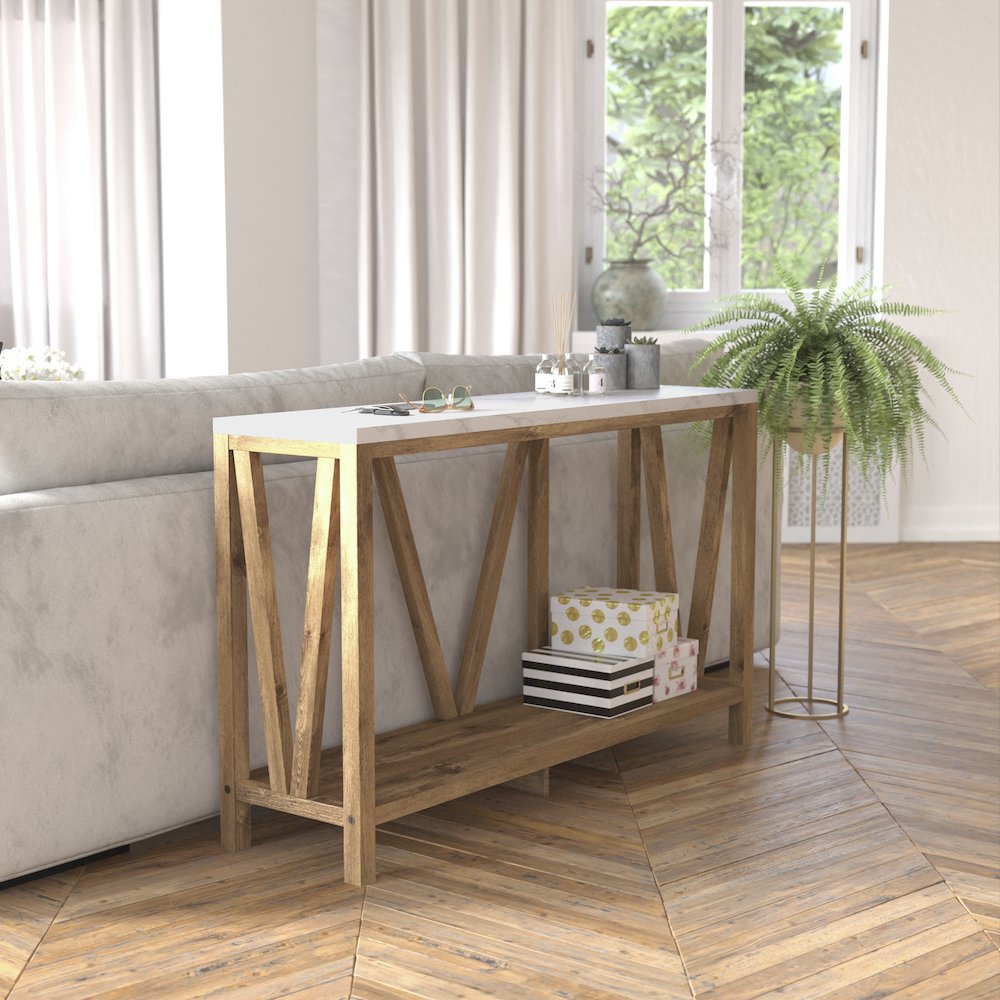 Farmhouse 2-Tier Console Table - Warm Oak Finish Engineered Wood Frame. Picture 6