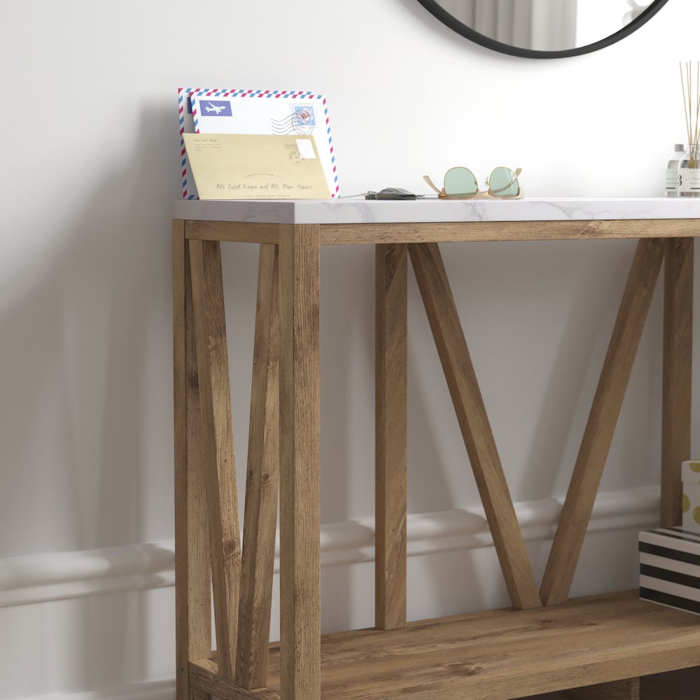 Farmhouse 2-Tier Console Table - Warm Oak Finish Engineered Wood Frame. Picture 7