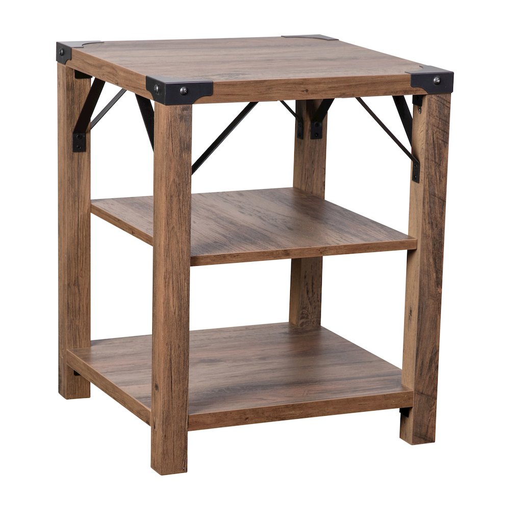 Farmhouse Wooden 3 Tier End Table with Black Metal Corner Accents, Oak. Picture 1