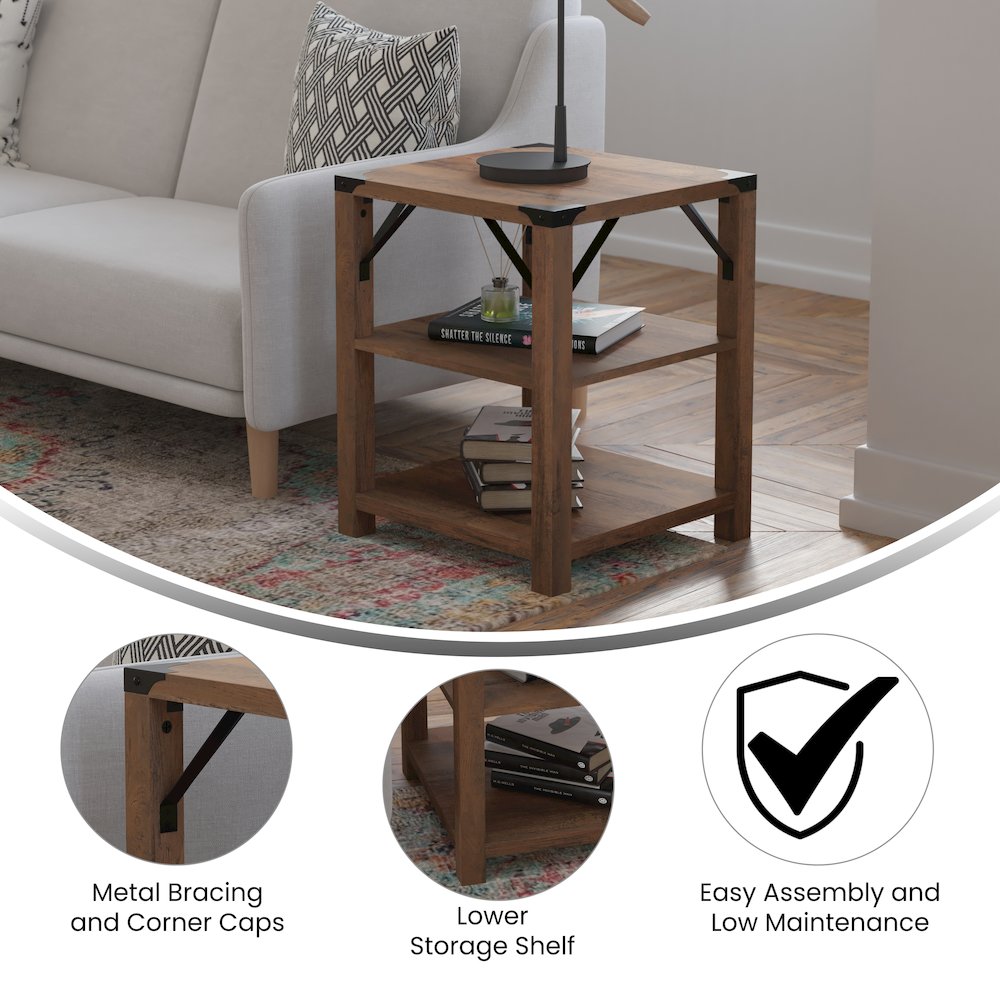 Farmhouse Wooden 3 Tier End Table with Black Metal Corner Accents, Oak. Picture 4