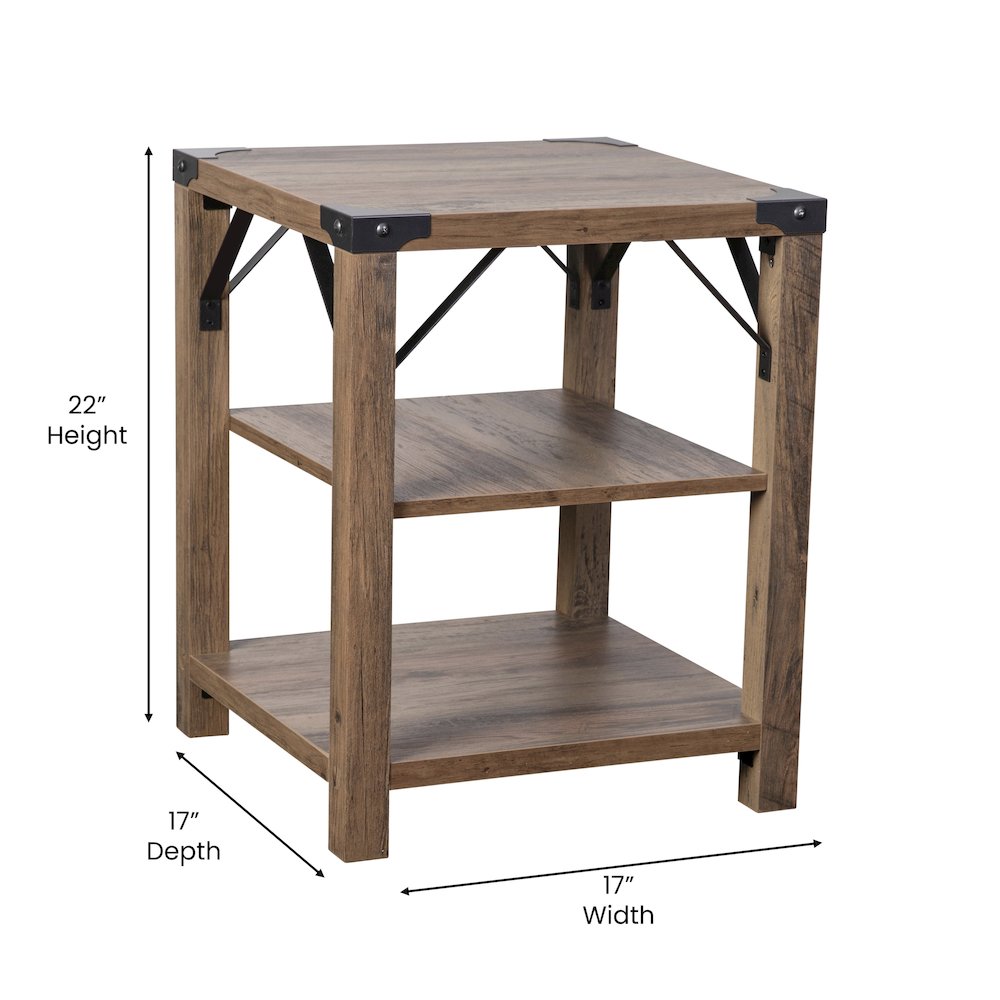 Farmhouse Wooden 3 Tier End Table with Black Metal Corner Accents, Oak. Picture 5