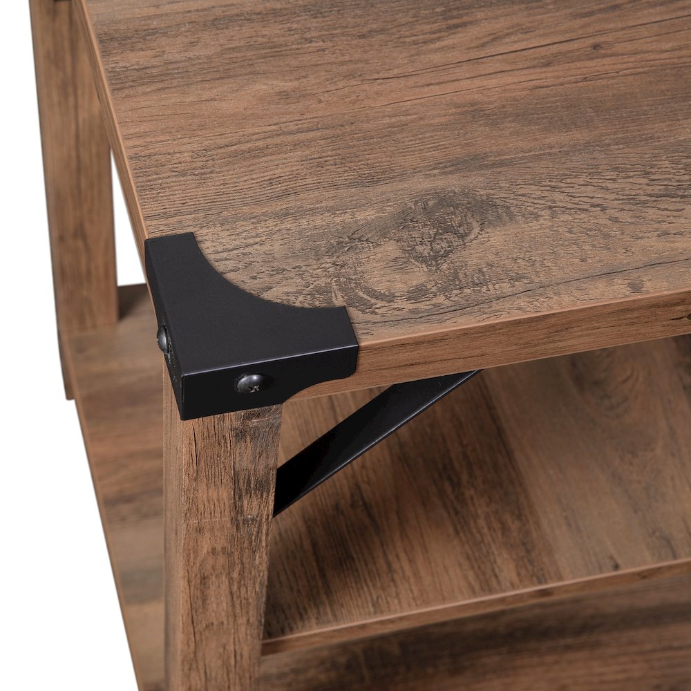 Farmhouse Wooden 3 Tier End Table with Black Metal Corner Accents, Oak. Picture 8