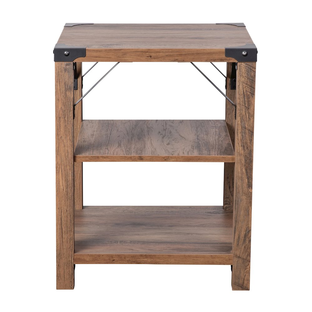 Farmhouse Wooden 3 Tier End Table with Black Metal Corner Accents, Oak. Picture 10