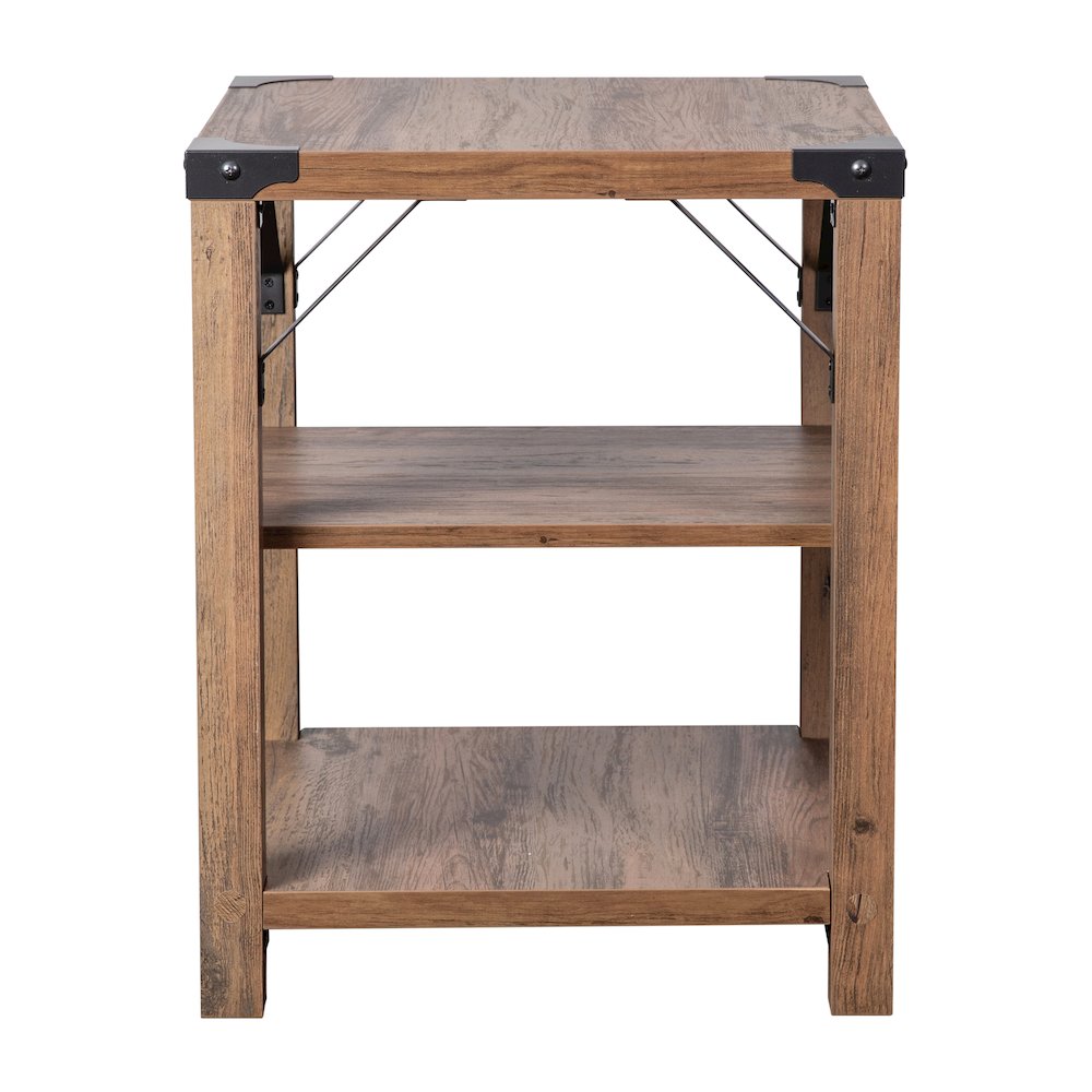 Farmhouse Wooden 3 Tier End Table with Black Metal Corner Accents, Oak. Picture 9