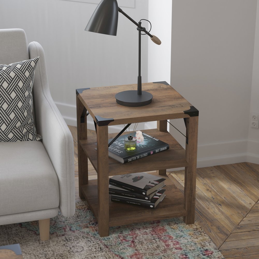 Farmhouse Wooden 3 Tier End Table with Black Metal Corner Accents, Oak. Picture 6