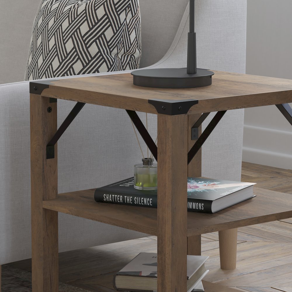 Farmhouse Wooden 3 Tier End Table with Black Metal Corner Accents, Oak. Picture 7