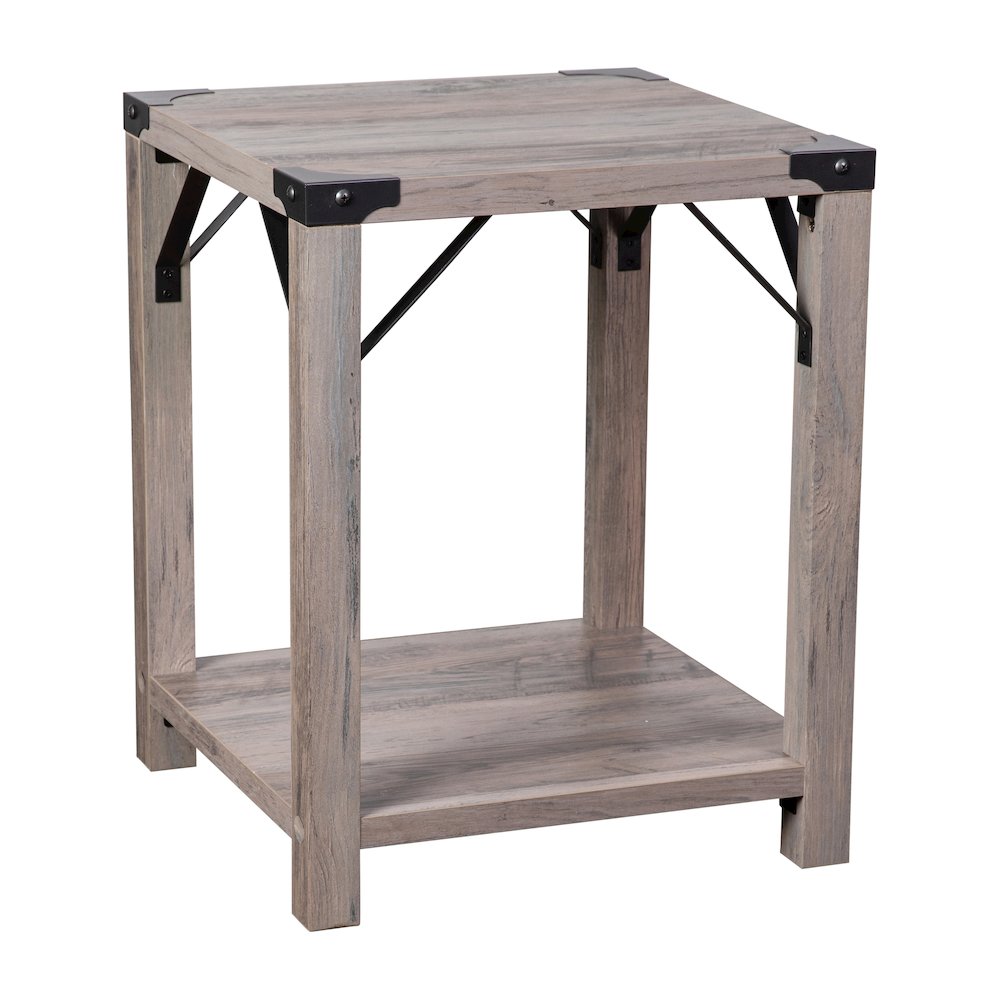 Farmhouse Wooden 2 Tier End Table with Black Metal Corner Accents, Gray Wash. Picture 1