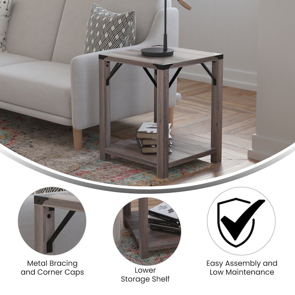 Farmhouse Wooden 2 Tier End Table with Black Metal Corner Accents, Gray Wash. Picture 4