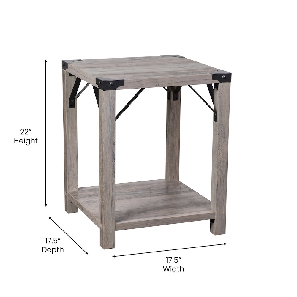 Farmhouse Wooden 2 Tier End Table with Black Metal Corner Accents, Gray Wash. Picture 5