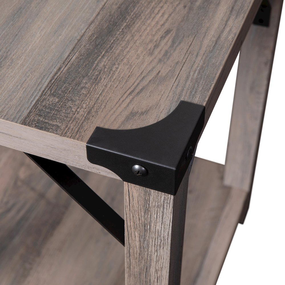 Farmhouse Wooden 2 Tier End Table with Black Metal Corner Accents, Gray Wash. Picture 8