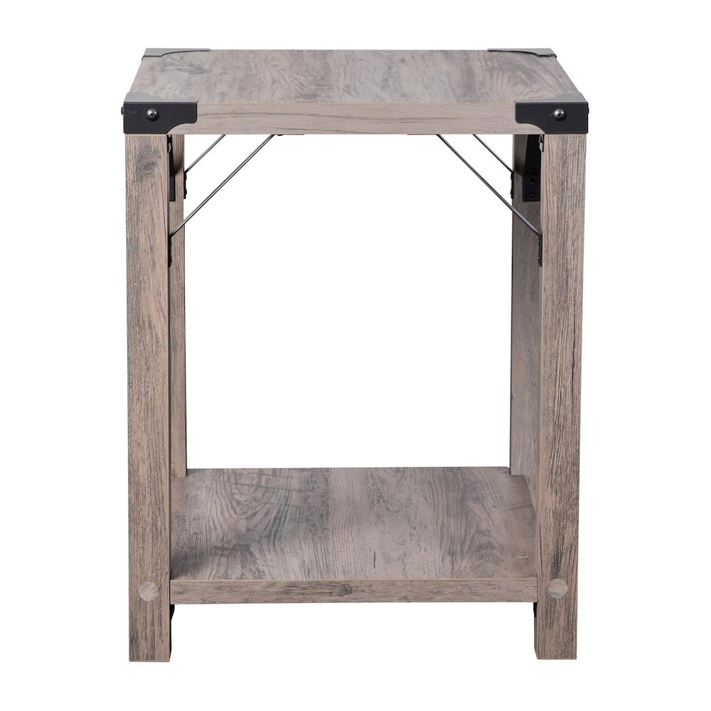 Farmhouse Wooden 2 Tier End Table with Black Metal Corner Accents, Gray Wash. Picture 9