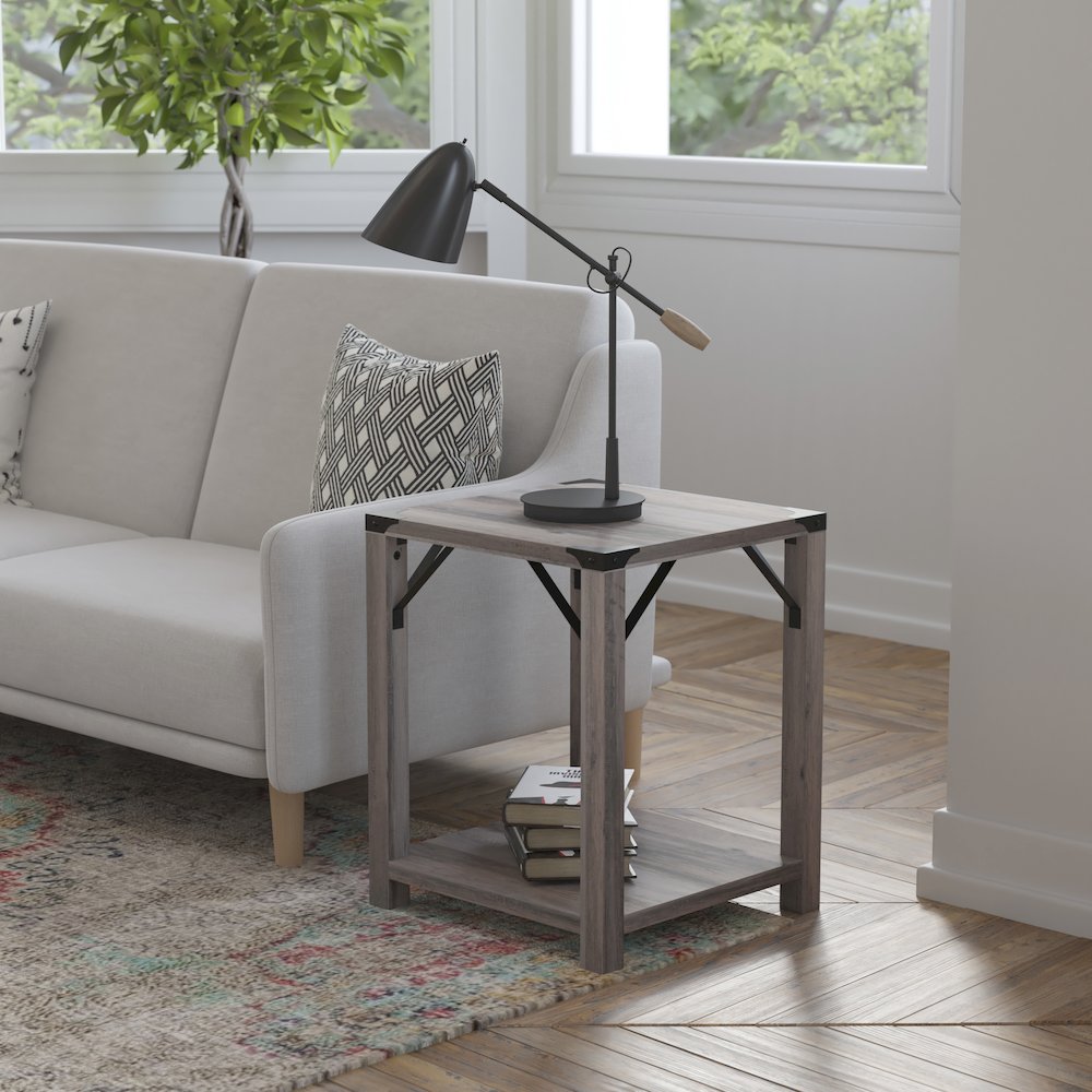 Farmhouse Wooden 2 Tier End Table with Black Metal Corner Accents, Gray Wash. Picture 2