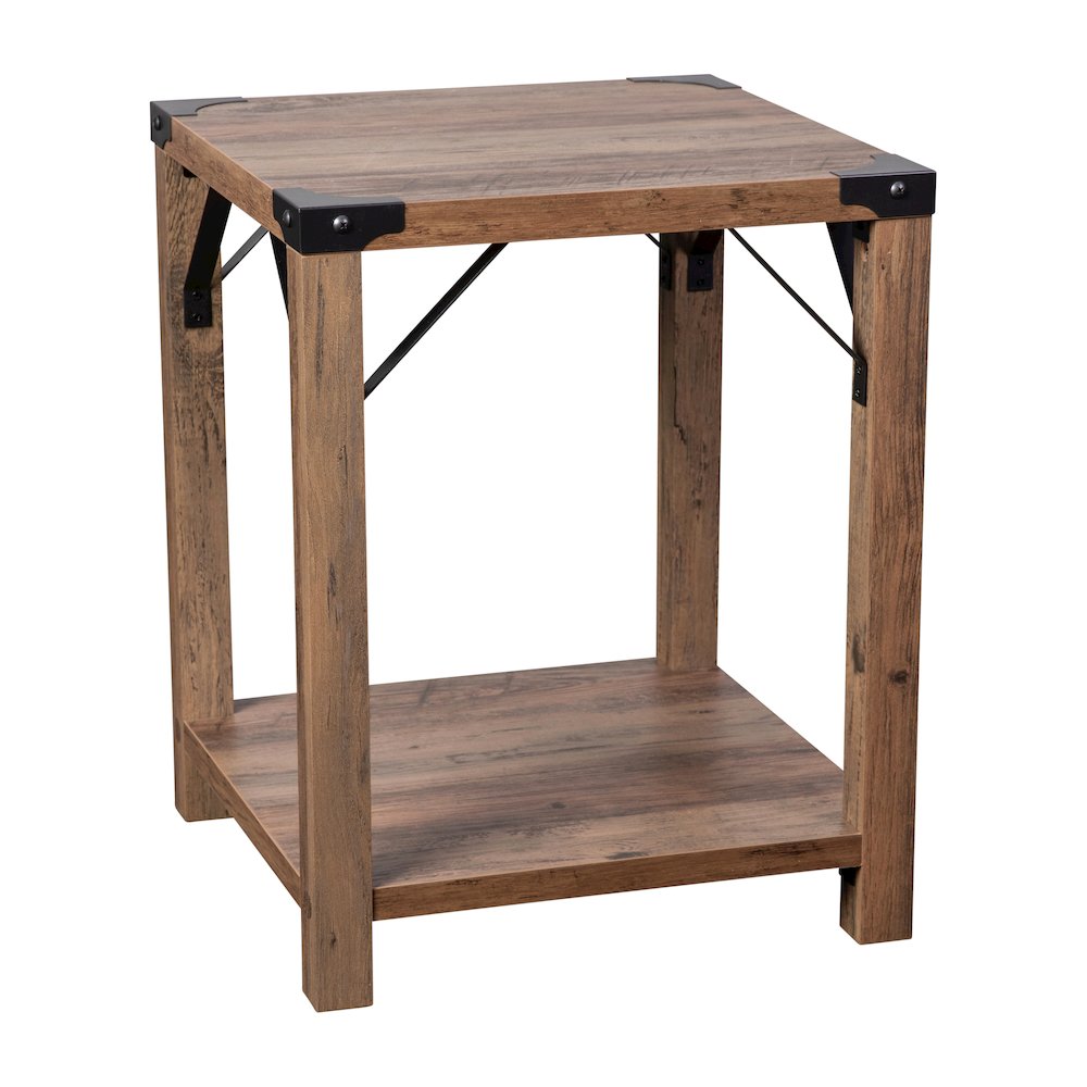 Farmhouse Wooden 2 Tier End Table with Black Metal Corner Accents, Oak. Picture 1