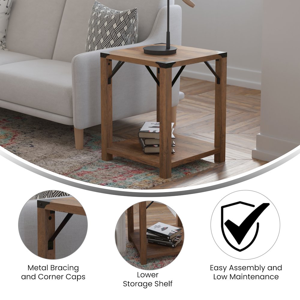 Farmhouse Wooden 2 Tier End Table with Black Metal Corner Accents, Oak. Picture 4