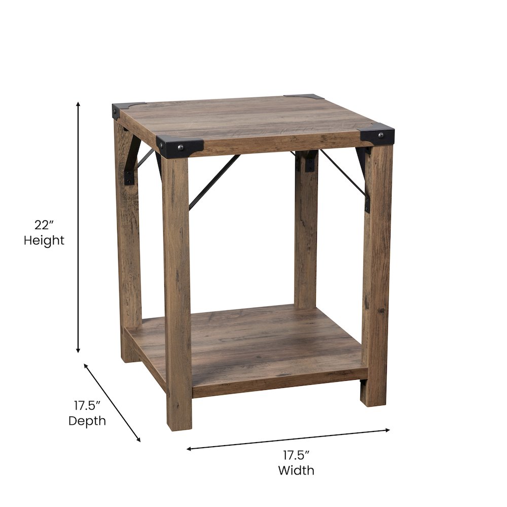 Farmhouse Wooden 2 Tier End Table with Black Metal Corner Accents, Oak. Picture 5