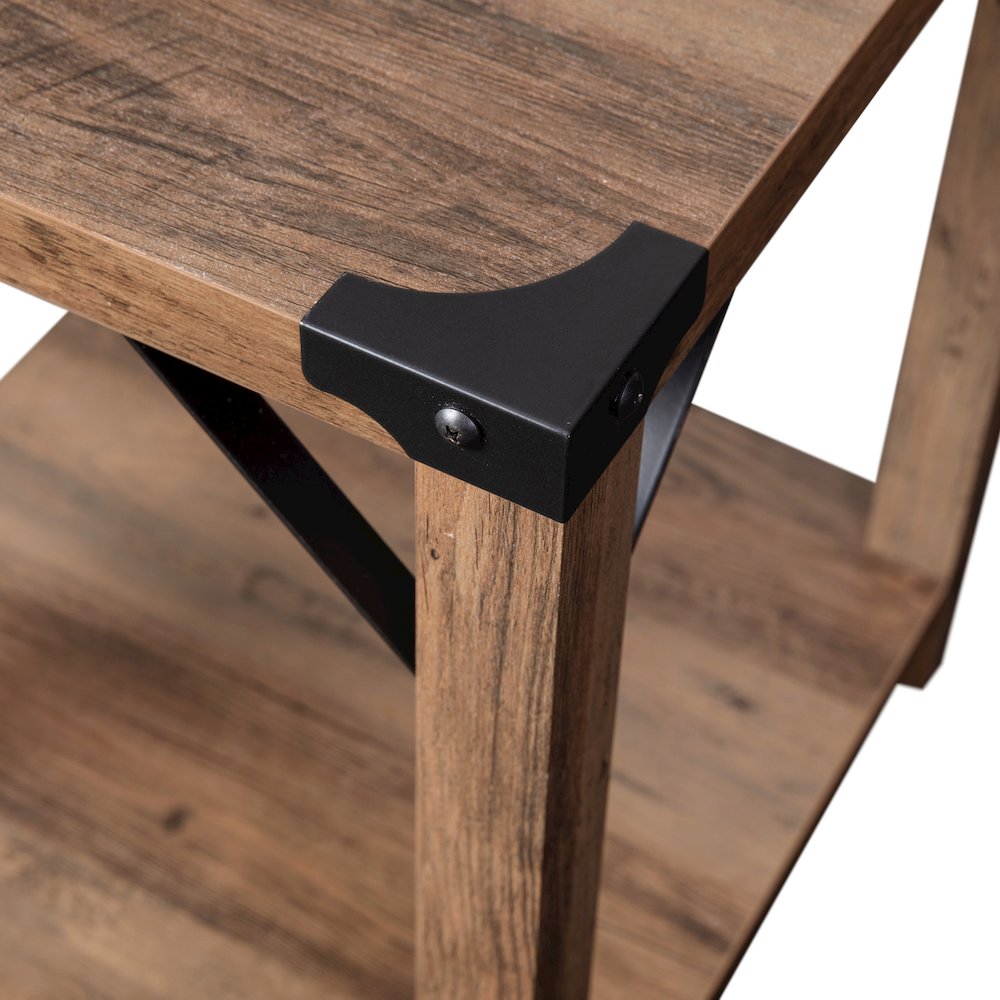 Farmhouse Wooden 2 Tier End Table with Black Metal Corner Accents, Oak. Picture 8