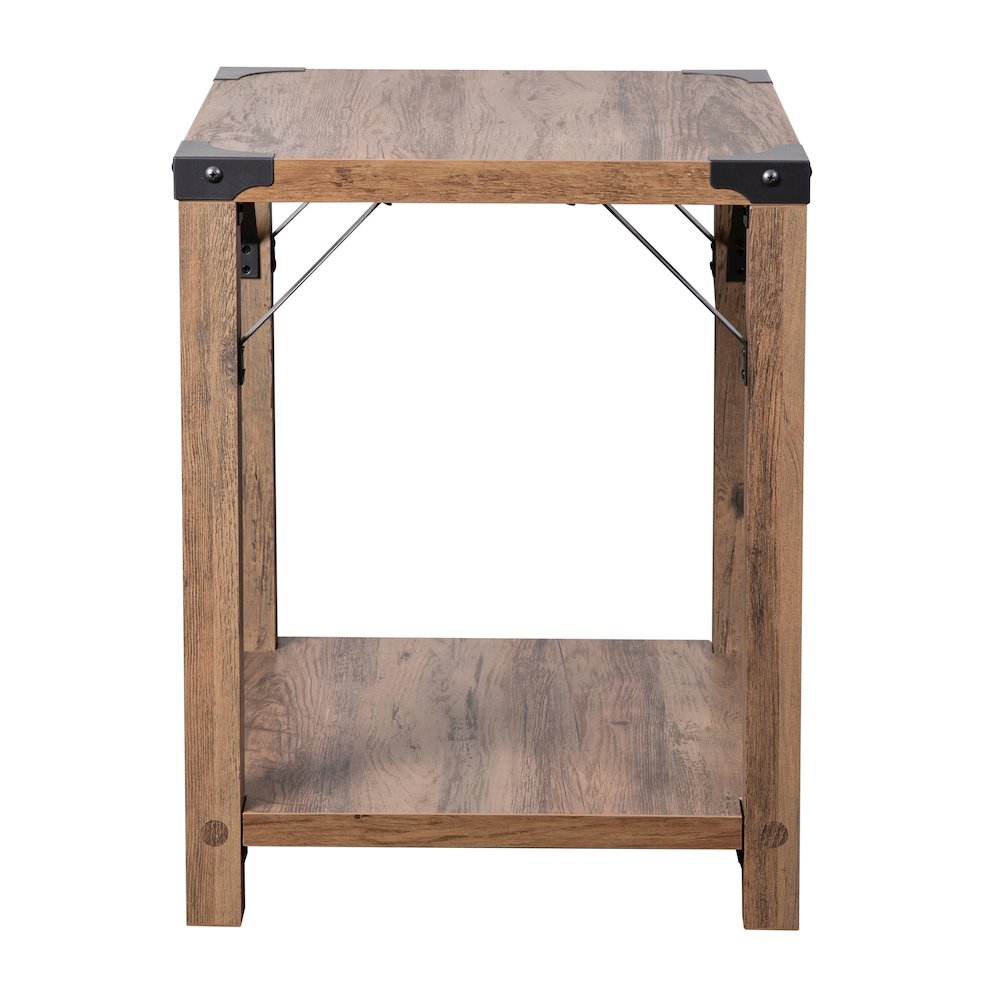 Farmhouse Wooden 2 Tier End Table with Black Metal Corner Accents, Oak. Picture 9