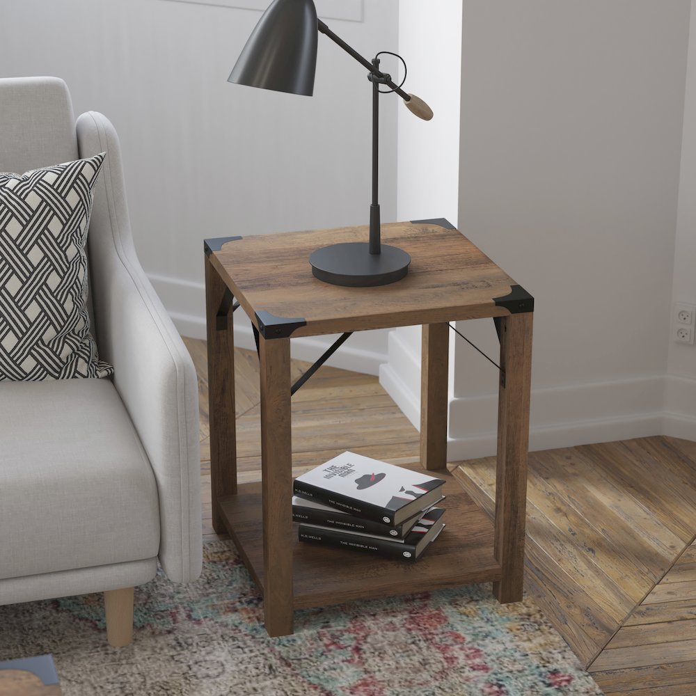 Farmhouse Wooden 2 Tier End Table with Black Metal Corner Accents, Oak. Picture 6