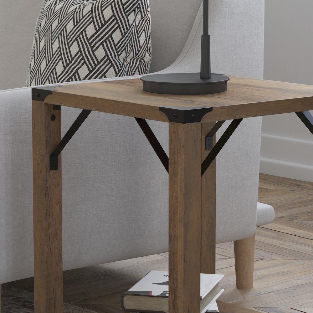 Farmhouse Wooden 2 Tier End Table with Black Metal Corner Accents, Oak. Picture 7