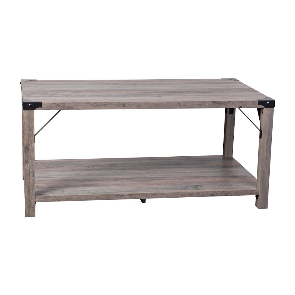 Farmhouse Wooden 2 Tier Coffee Table with Black Metal Corner Accents, Gray Wash. Picture 1
