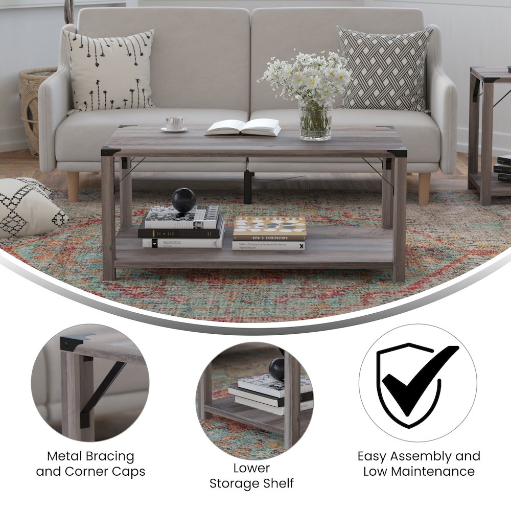 Farmhouse Wooden 2 Tier Coffee Table with Black Metal Corner Accents, Gray Wash. Picture 4