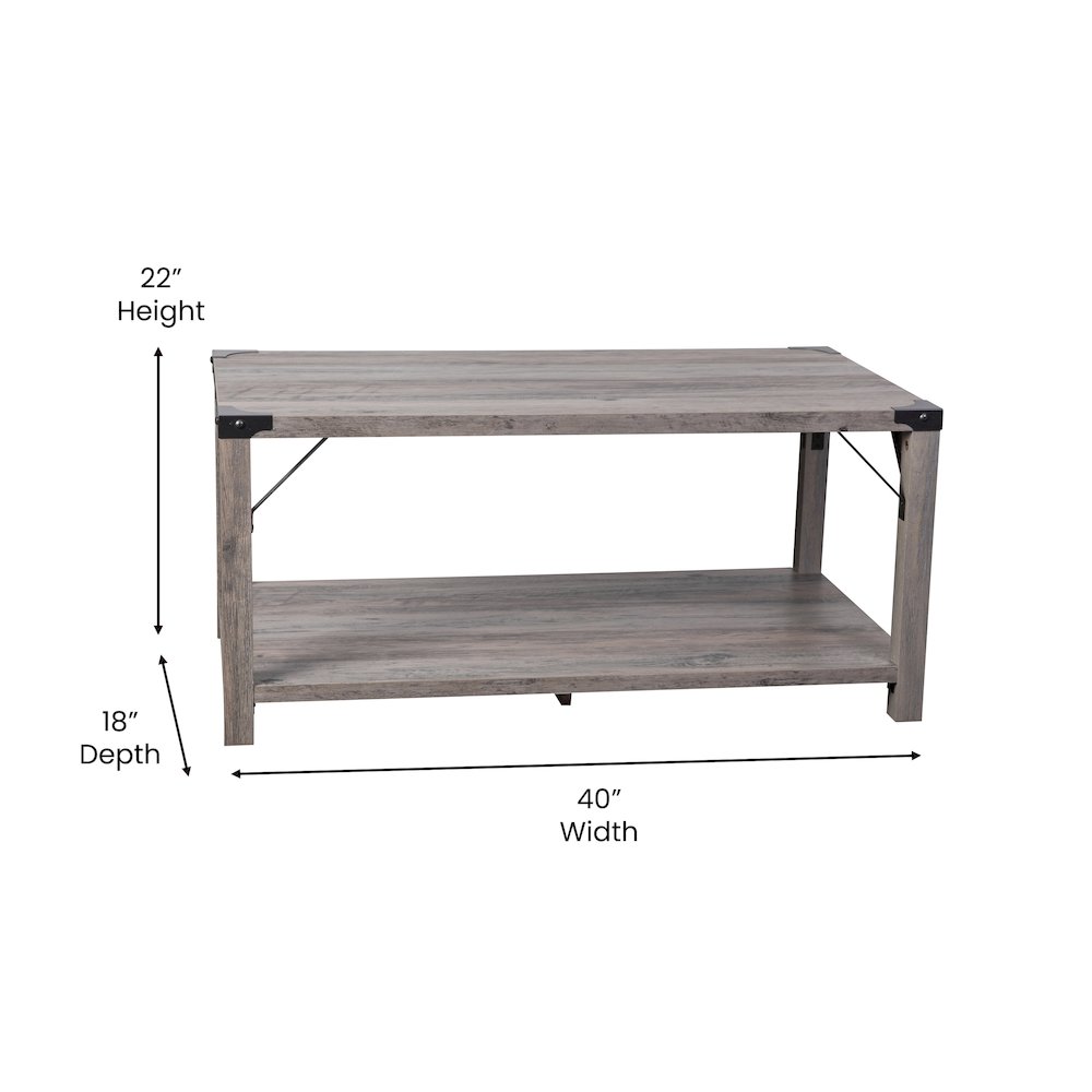 Farmhouse Wooden 2 Tier Coffee Table with Black Metal Corner Accents, Gray Wash. Picture 5