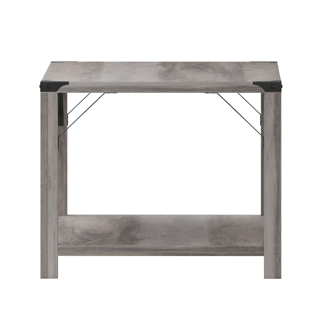 Farmhouse Wooden 2 Tier Coffee Table with Black Metal Corner Accents, Gray Wash. Picture 9