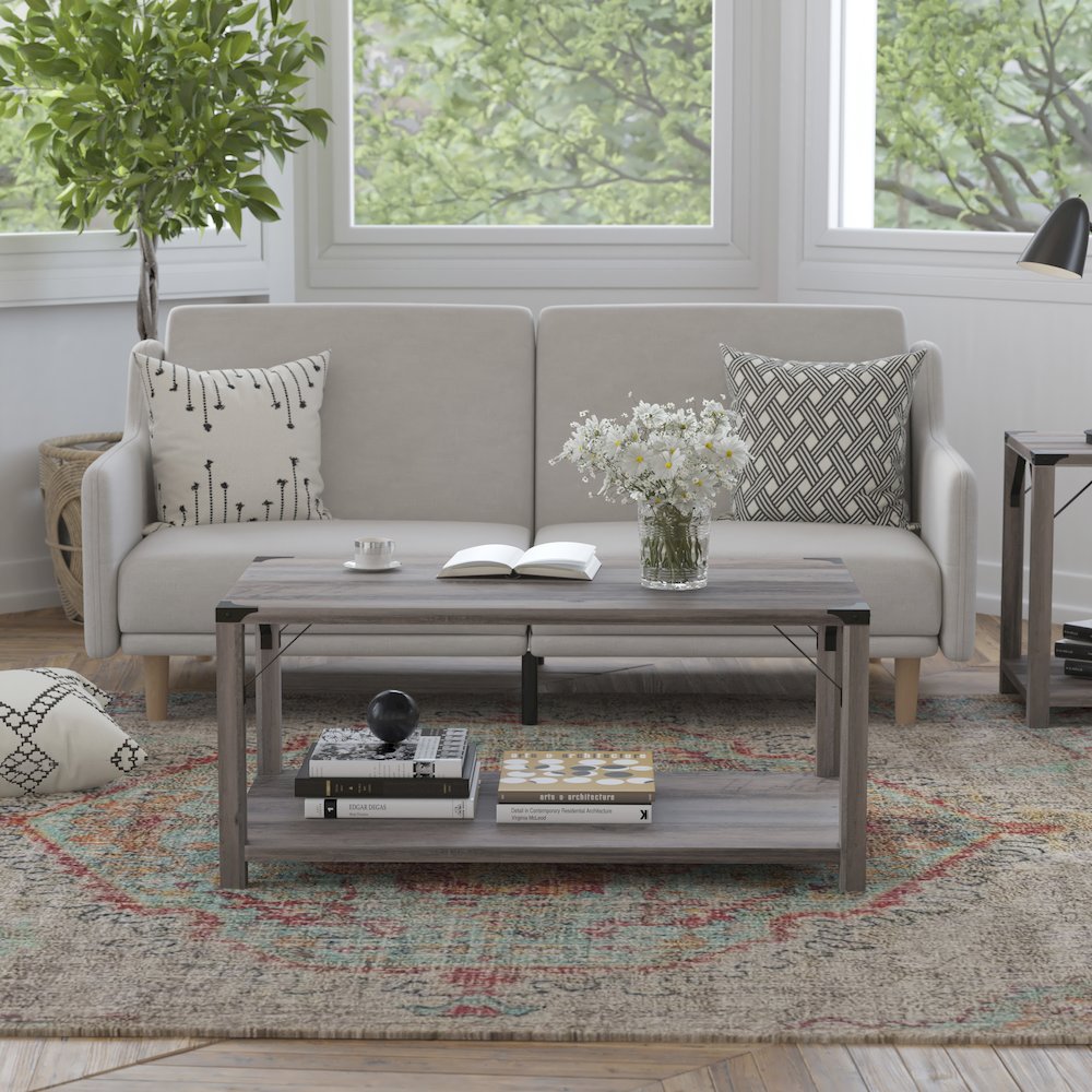 Farmhouse Wooden 2 Tier Coffee Table with Black Metal Corner Accents, Gray Wash. Picture 2