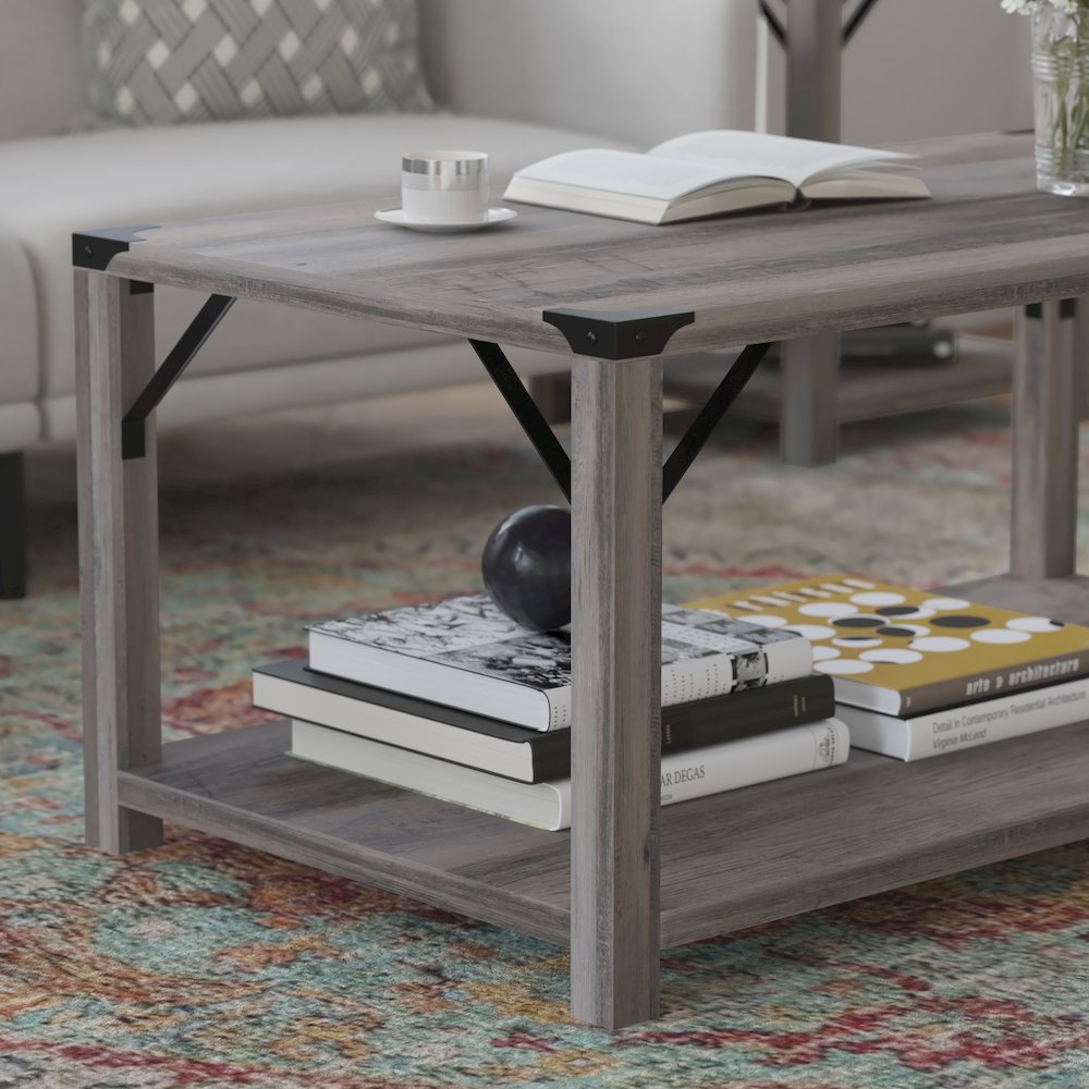Farmhouse Wooden 2 Tier Coffee Table with Black Metal Corner Accents, Gray Wash. Picture 7