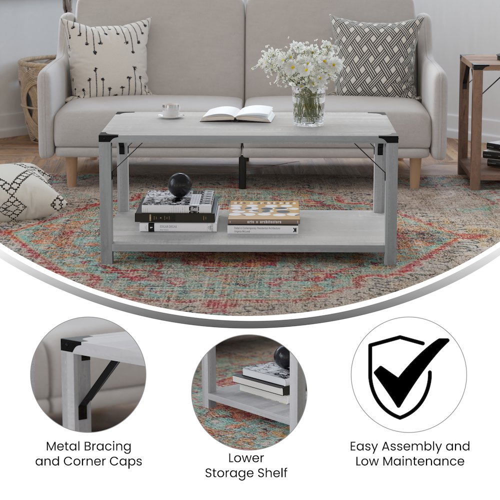 Farmhouse Wooden 2 Tier Coffee Table with Black Metal Corner Accents, Aspen Gray. Picture 4