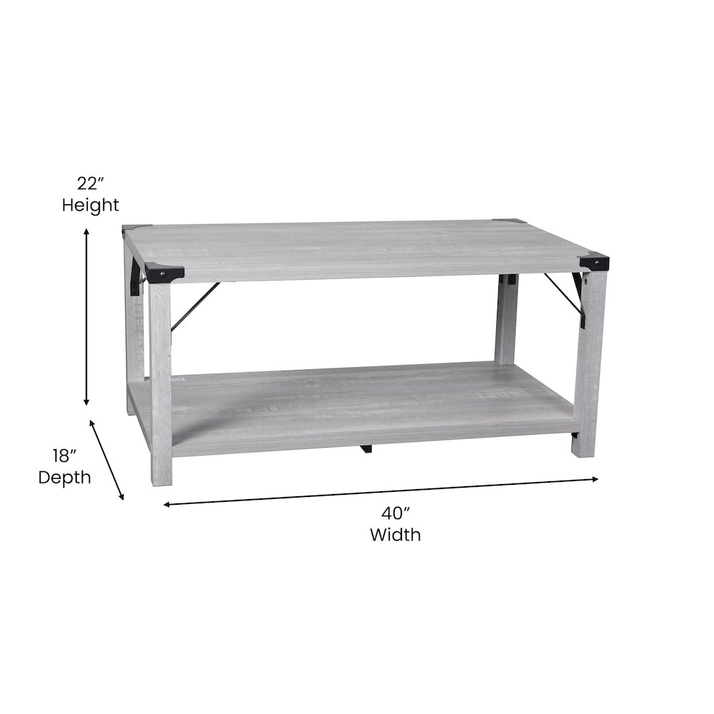 Farmhouse Wooden 2 Tier Coffee Table with Black Metal Corner Accents, Aspen Gray. Picture 5