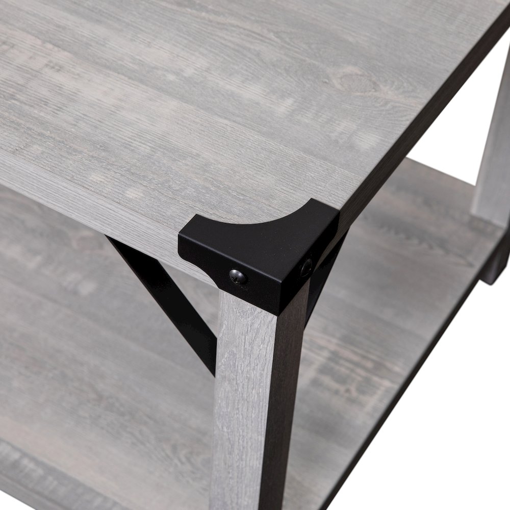 Farmhouse Wooden 2 Tier Coffee Table with Black Metal Corner Accents, Aspen Gray. Picture 8