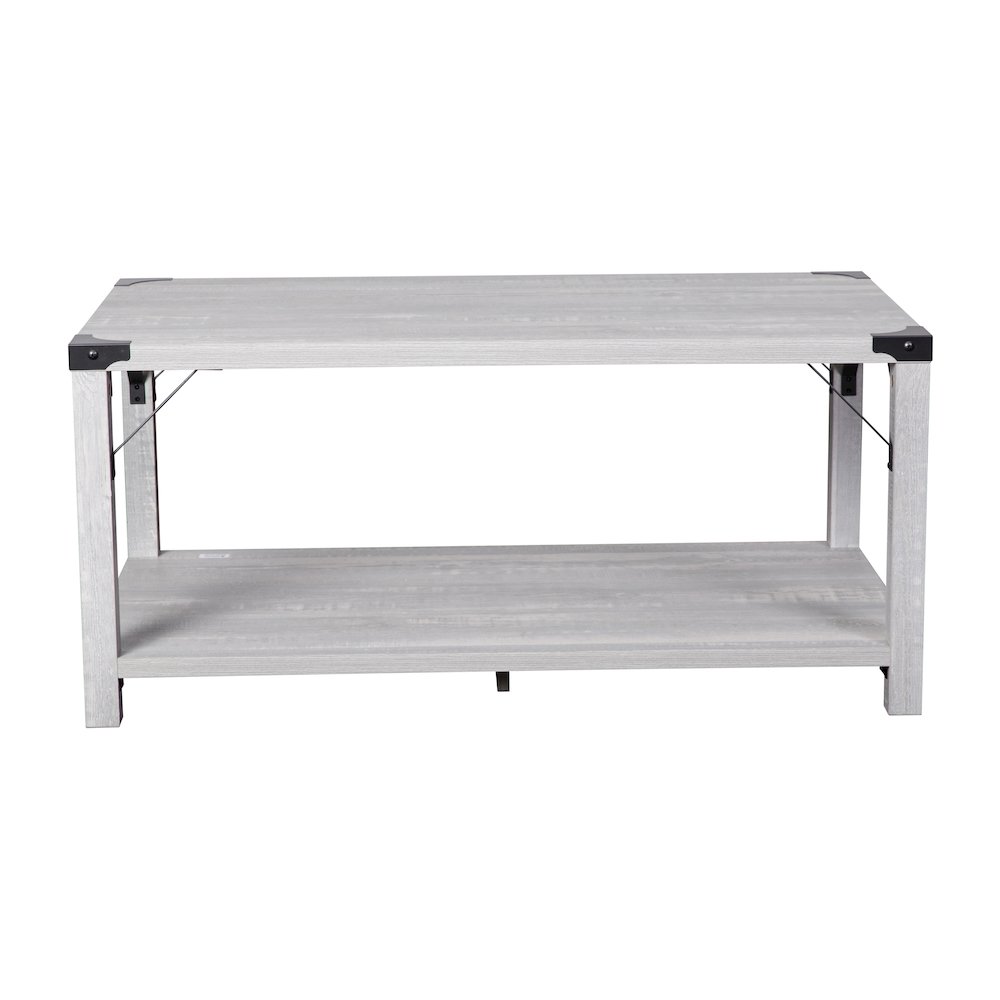 Farmhouse Wooden 2 Tier Coffee Table with Black Metal Corner Accents, Aspen Gray. Picture 10