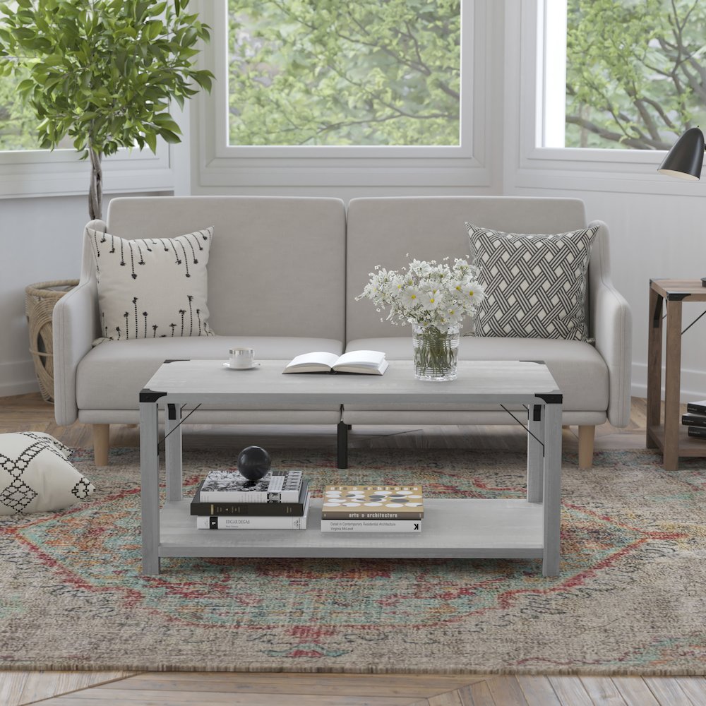 Farmhouse Wooden 2 Tier Coffee Table with Black Metal Corner Accents, Aspen Gray. Picture 2