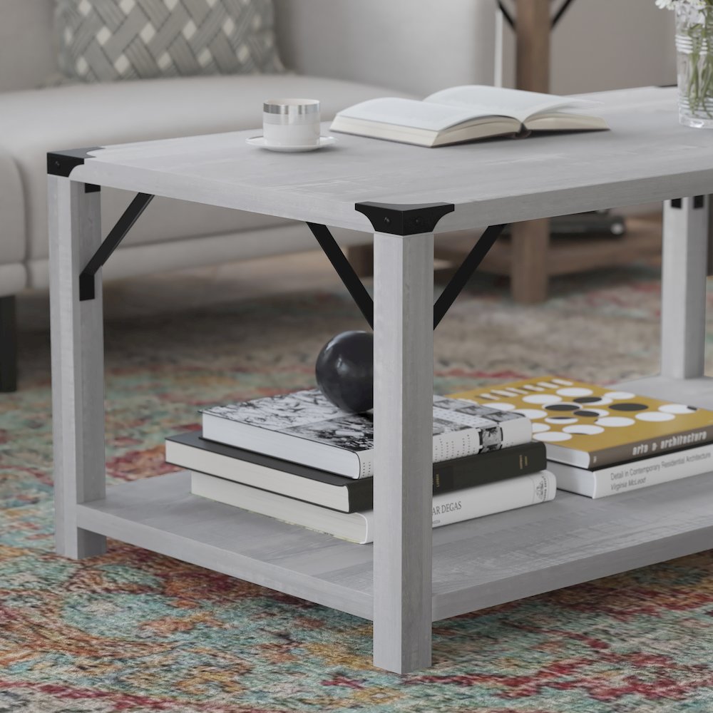 Farmhouse Wooden 2 Tier Coffee Table with Black Metal Corner Accents, Aspen Gray. Picture 7